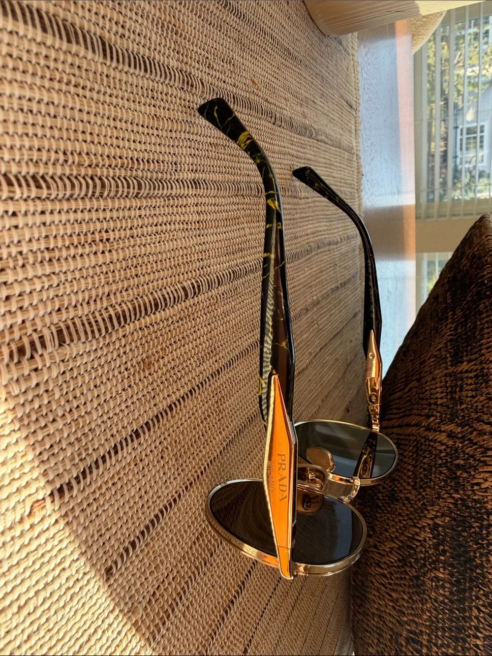 Prada SPR 56Z Gold Frame Sunglasses with Black/Green Marbled Temples. Like New!